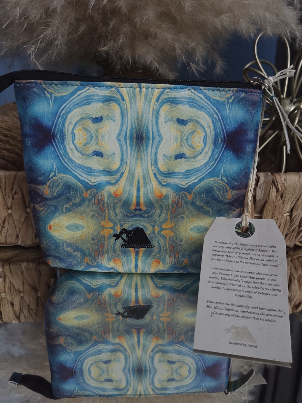Mea Huna Hawaiian Cosmetic Bag Blue Agate Print Travel Pouch NWT